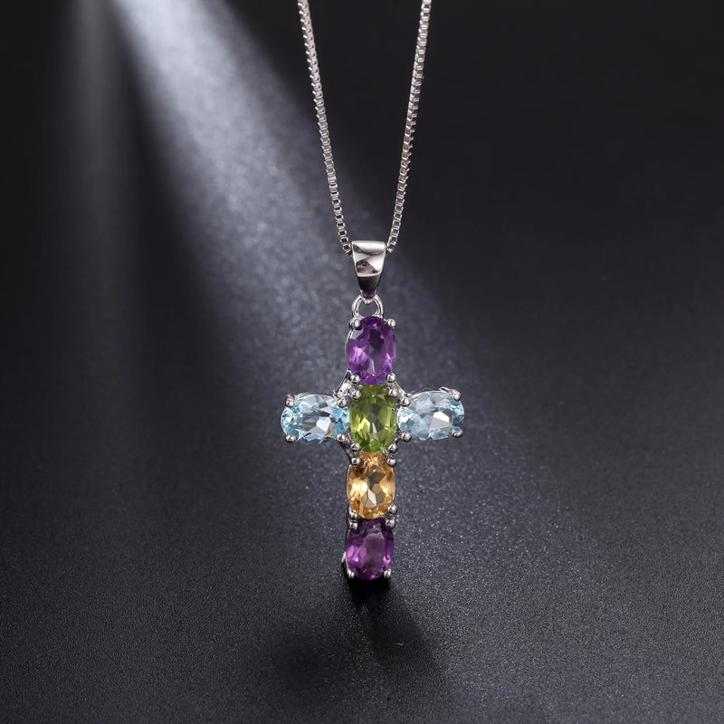 Multicolor Amethyst/Topaz (925 Sterling) Cross Necklace (USA)