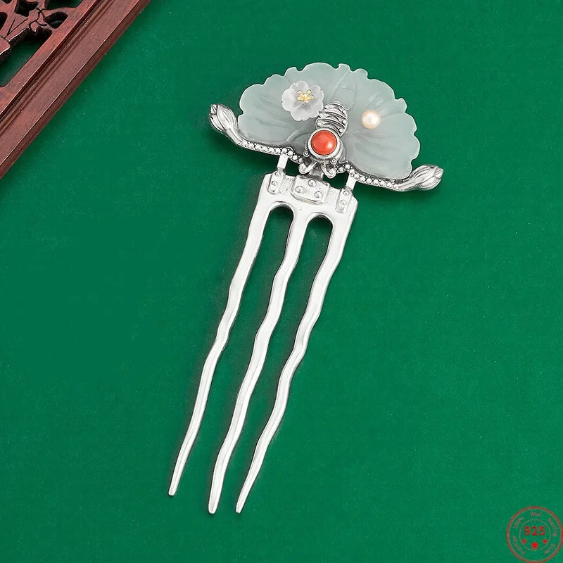Jade Flower (S925 Sterling) Hair Stick Comb