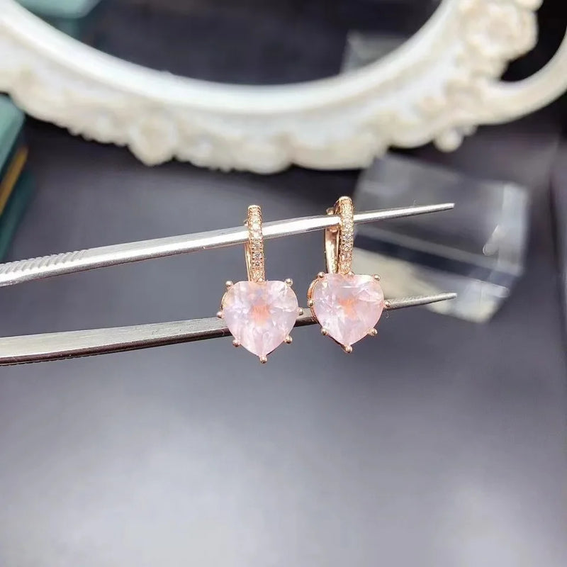 Rose Quartz Heart-shaped Earrings (S925 Sterling Silver)