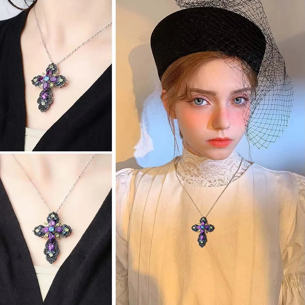 Amethyst Multicolor Cross (925 Sterling) Necklace