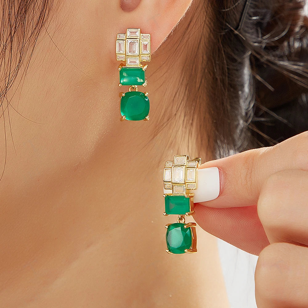 Retro Green Agate 925 Earrings