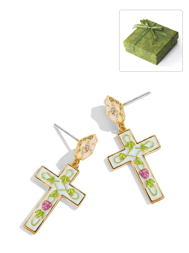 Grape Vine 18k Cross Earrings