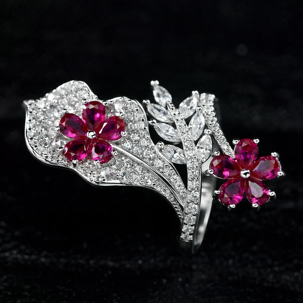 Ruby Rose Flower Ring (100% 925 Sterling Silver)