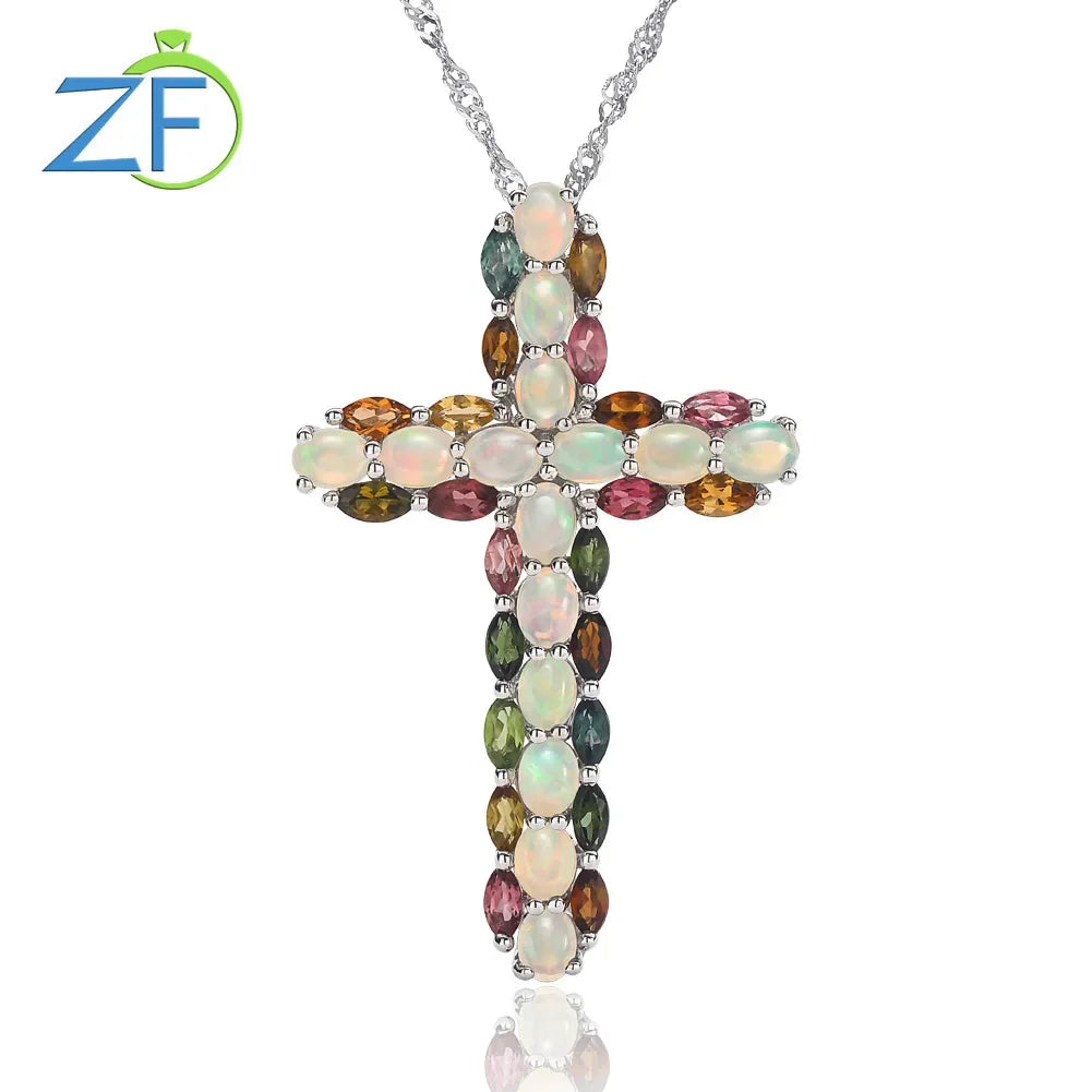 Natural Opal (925 Sterling Silver) Cross Necklace