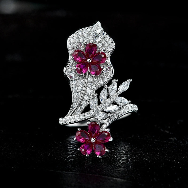 Ruby Rose Flower Ring (100% 925 Sterling Silver)
