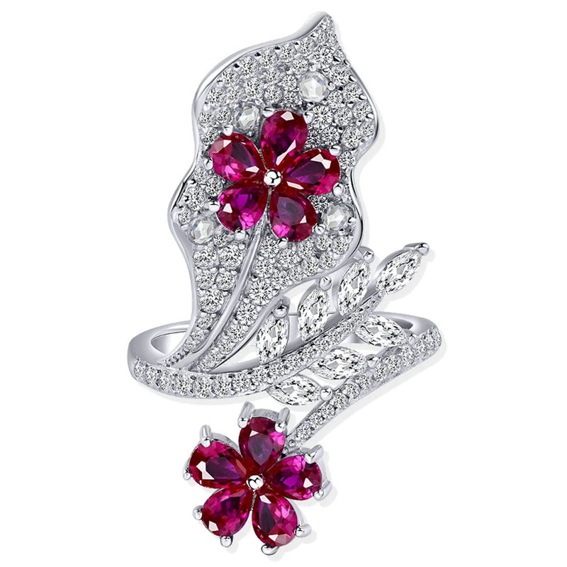 Ruby Rose Flower Ring (100% 925 Sterling Silver)