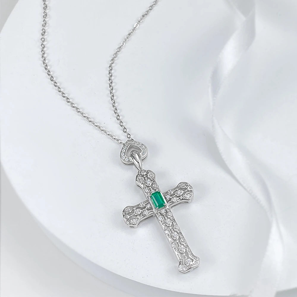 Emerald (925 Sterling) Diamond Cross Necklace