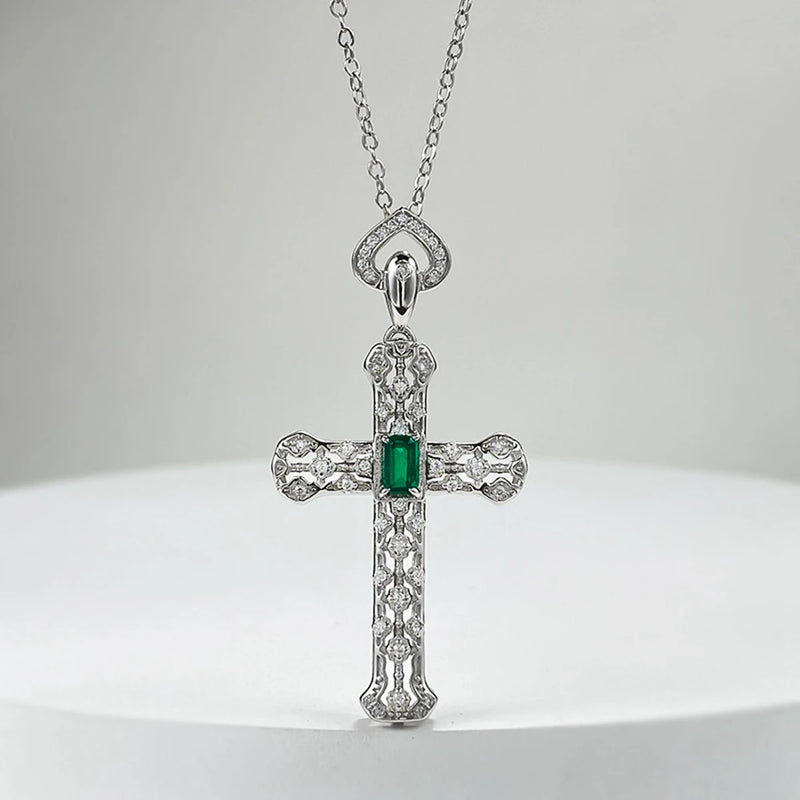 Emerald (925 Sterling) Diamond Cross Necklace