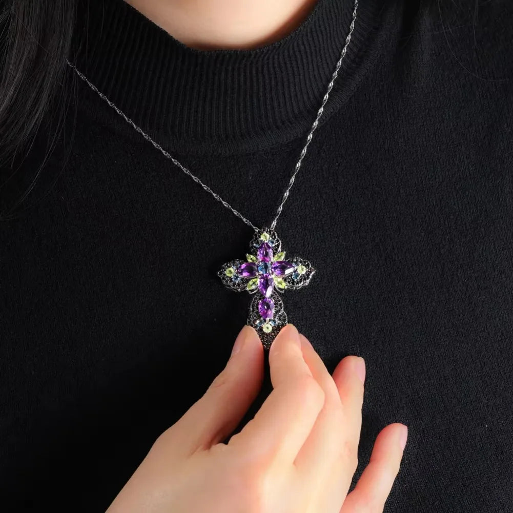 Amethyst Multicolor Cross (925 Sterling) Necklace