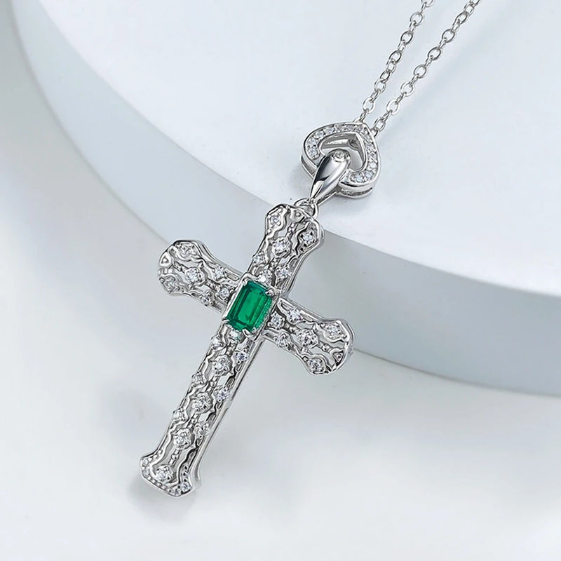 Emerald (925 Sterling) Diamond Cross Necklace