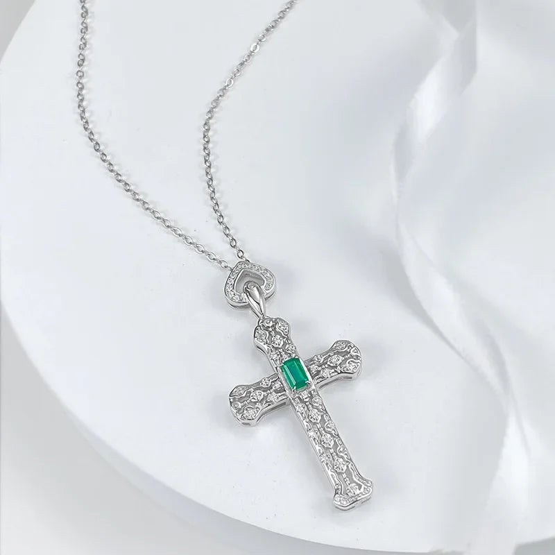Emerald (S925 silver) French Design Cross Necklace